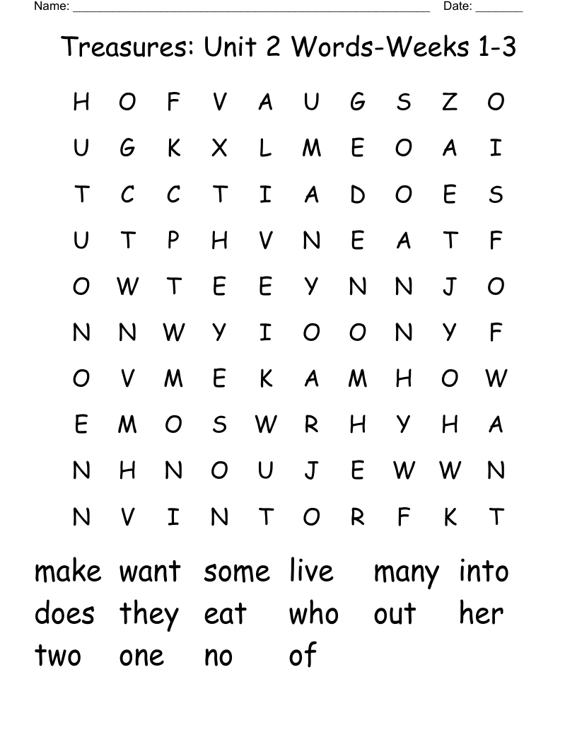 Treasures: Unit 2 Words-Weeks 1-3 Word Search