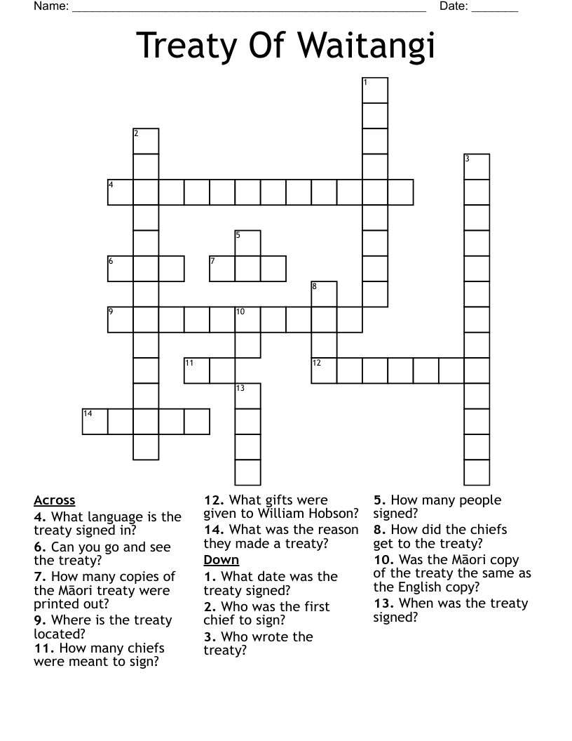 Treaty Of Waitangi Crossword