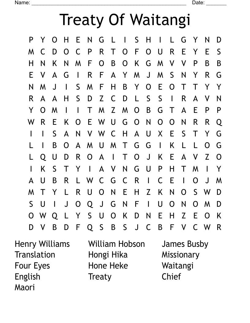 Treaty Of Waitangi Word Search
