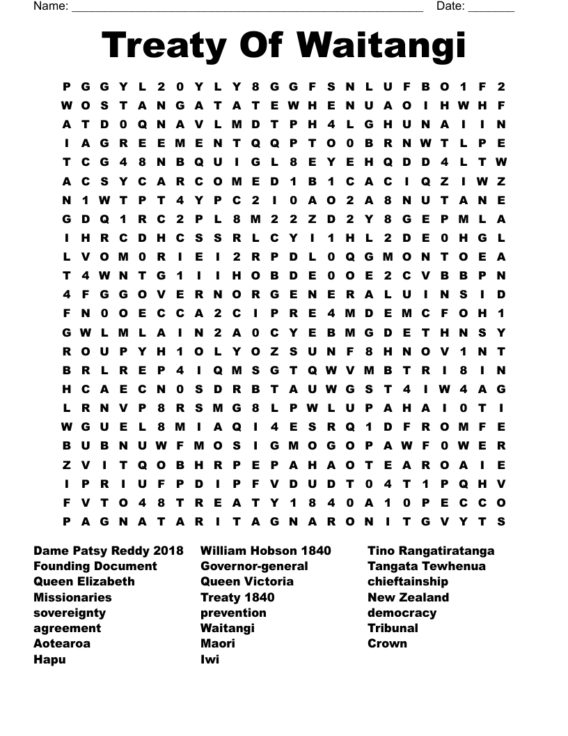 Treaty Of Waitangi Word Search