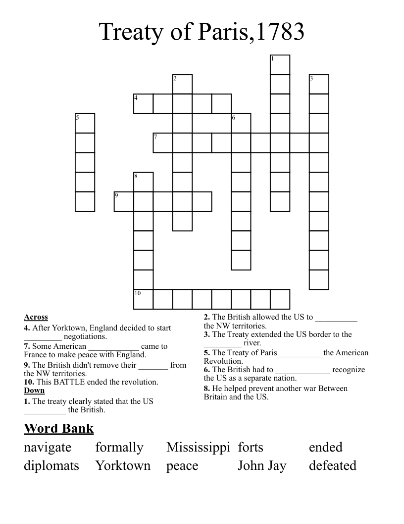 Treaty of Paris,1783 Crossword
