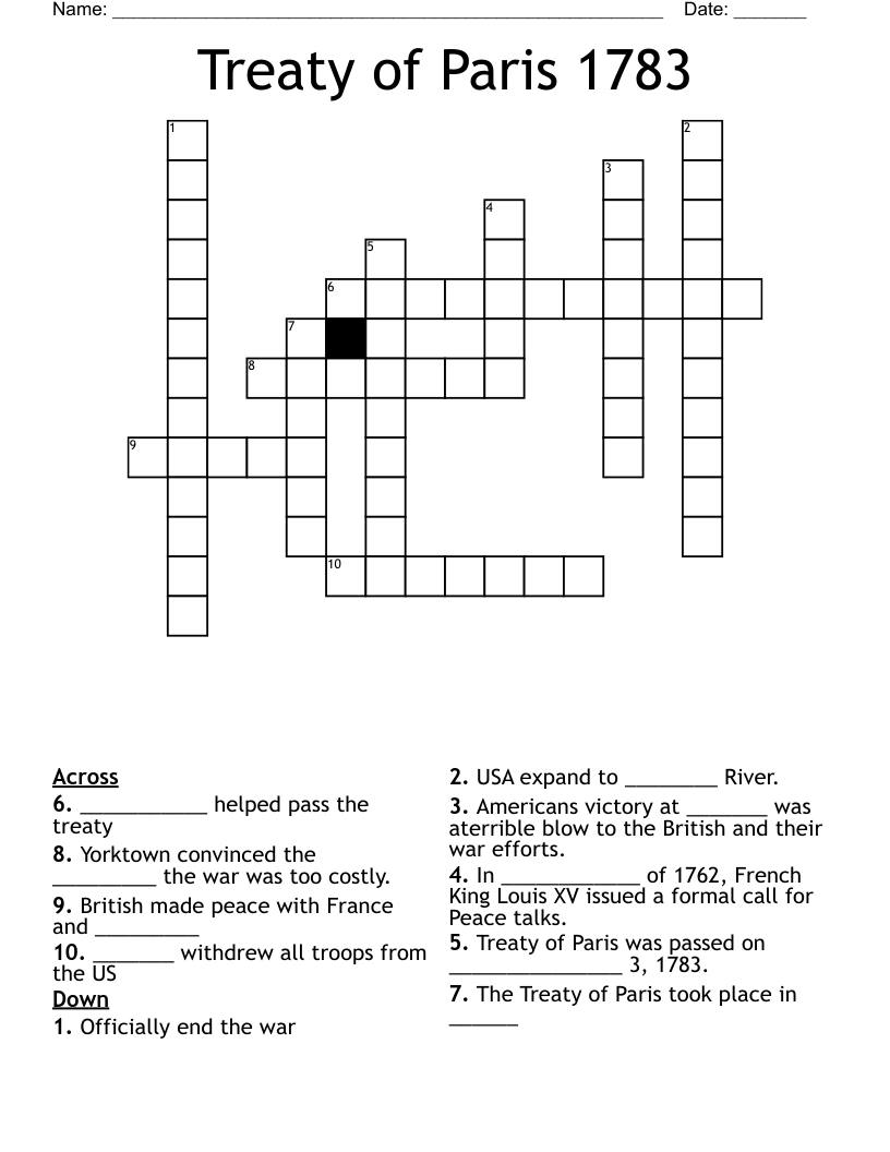 Treaty of Paris 1783 Crossword