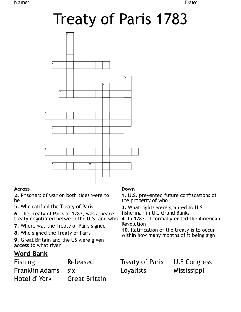 Treaty of Paris 1783  Crossword