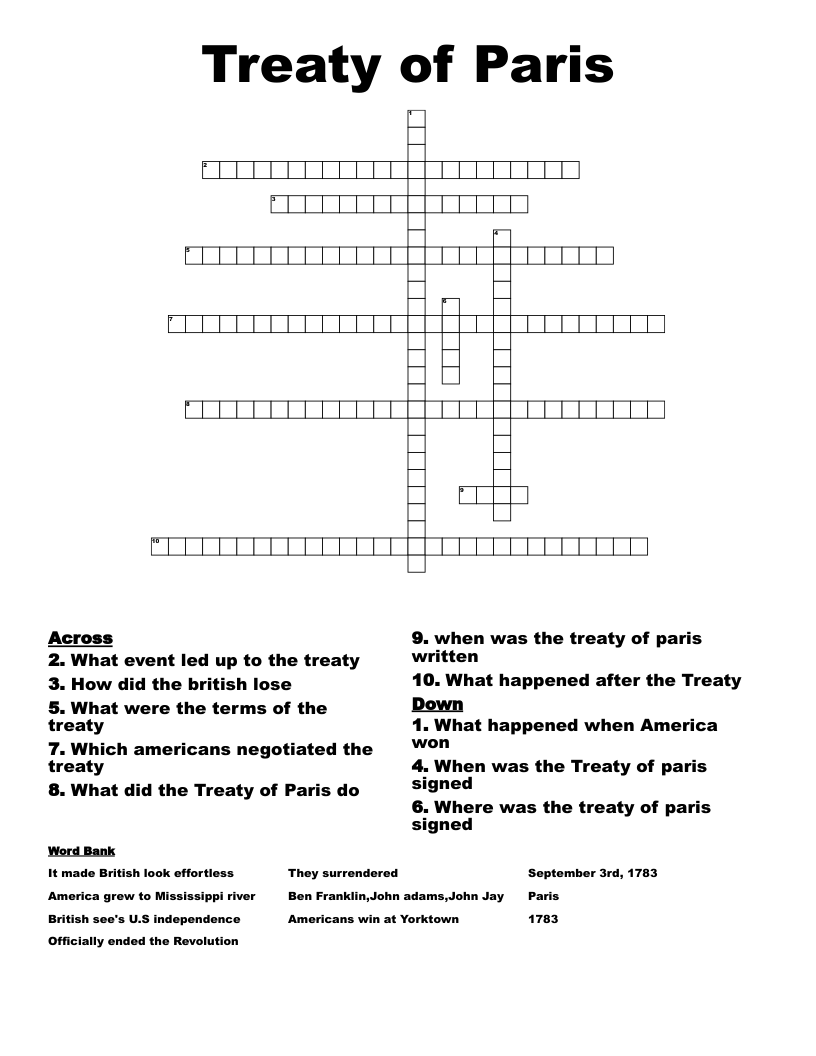 Treaty of Paris Crossword