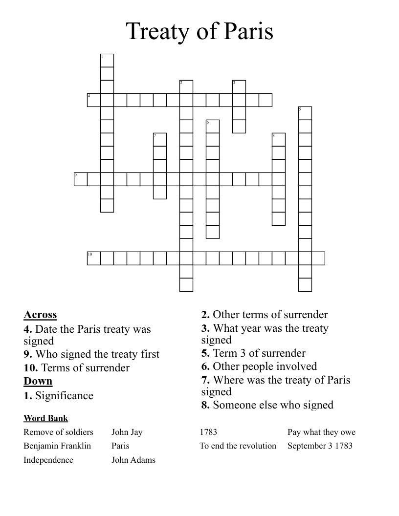 Treaty of Paris  Crossword