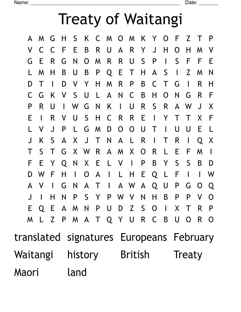 Treaty of Waitangi Word Search