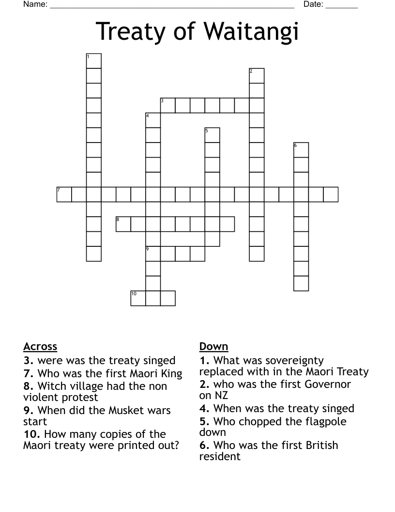 Treaty of Waitangi Crossword