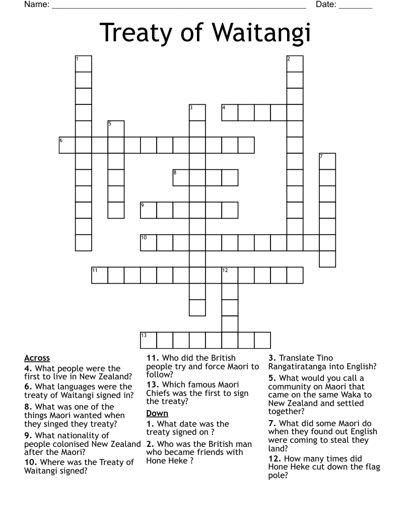 Treaty of Waitangi Crossword