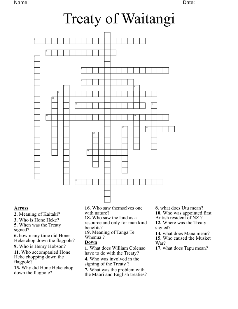 Treaty of Waitangi Crossword