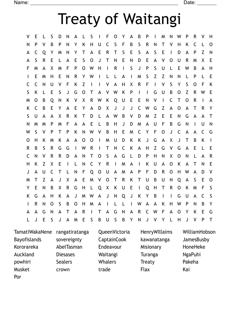 Treaty of Waitangi Word Search