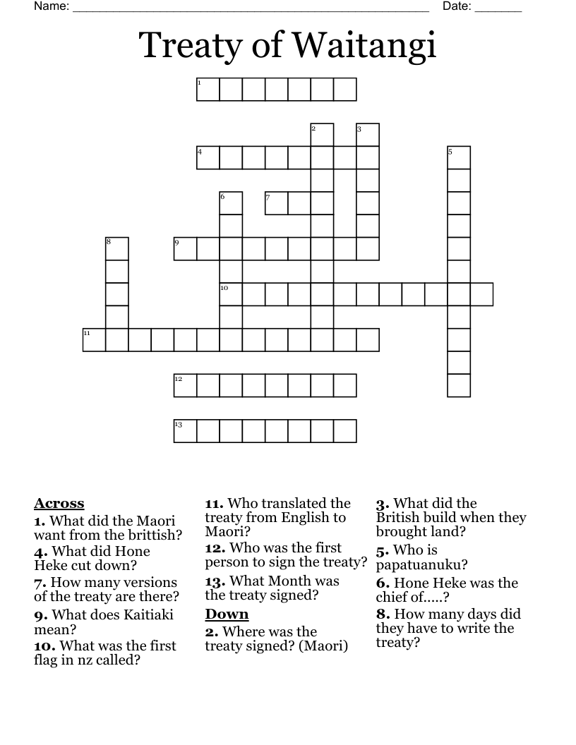 Treaty of Waitangi Crossword