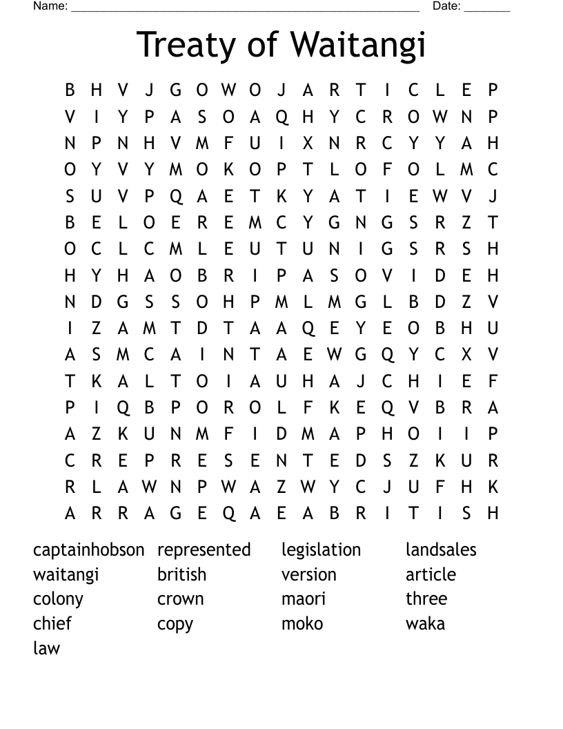 Treaty of Waitangi Word Search