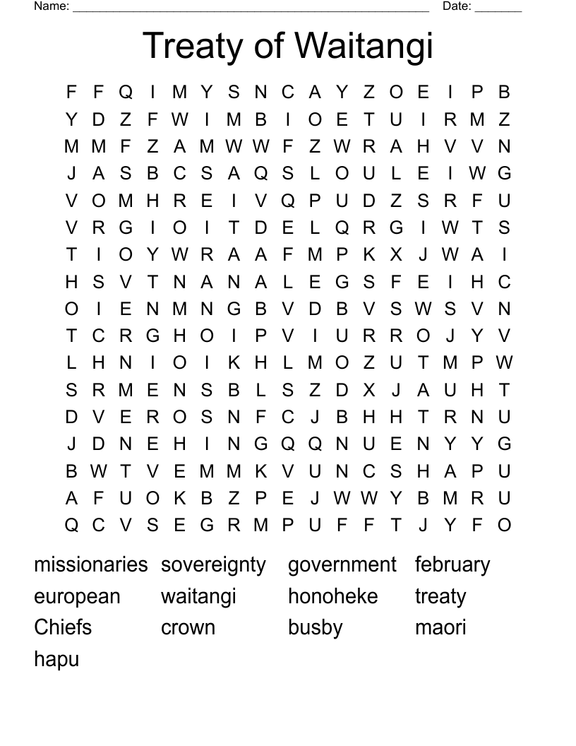 Treaty of Waitangi Word Search