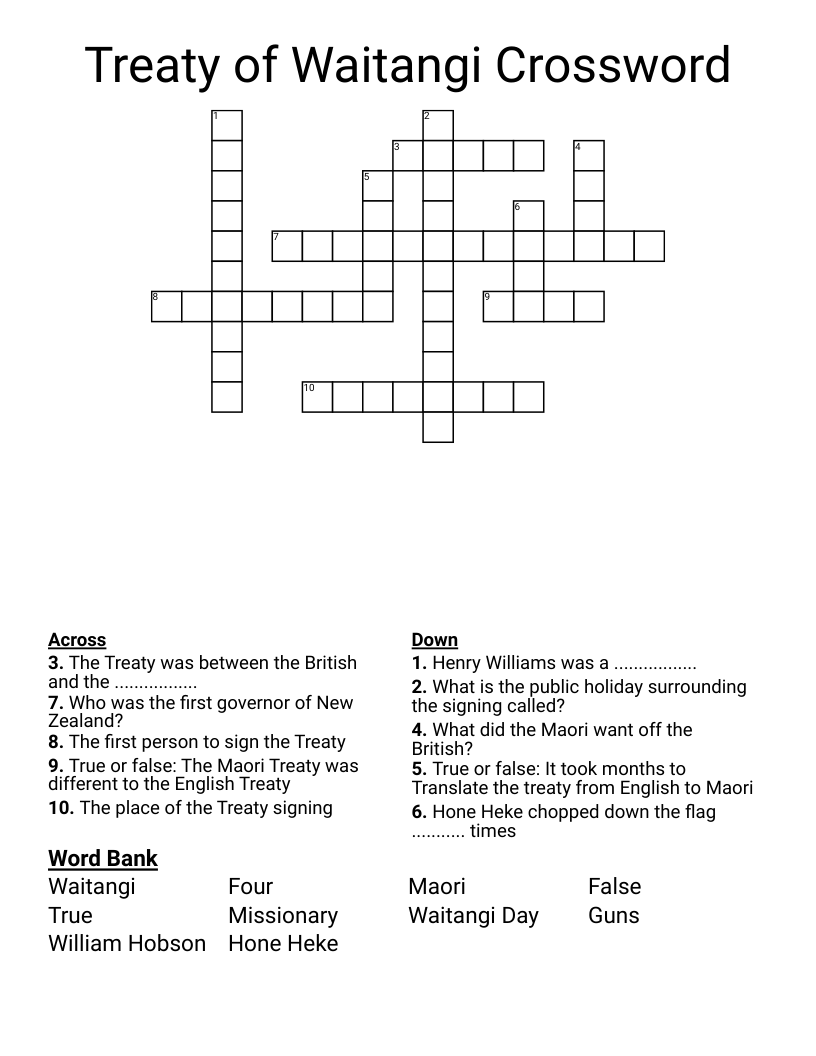 Treaty of Waitangi Crossword