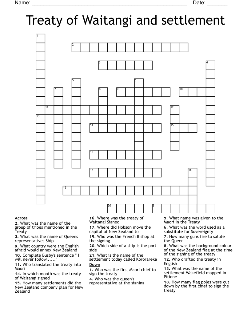 Treaty of Waitangi and settlement Crossword