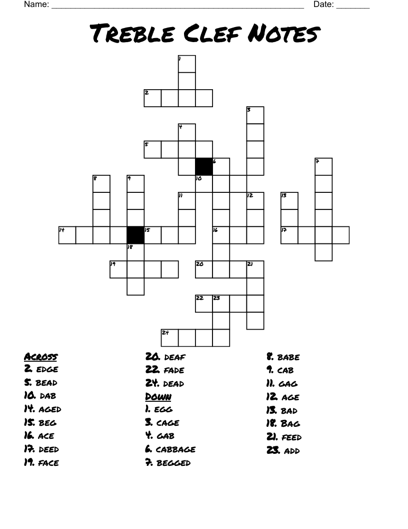 Treble Clef Notes  Crossword