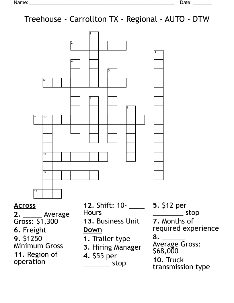 Treehouse - Carrollton TX - Regional - AUTO - DTW Crossword