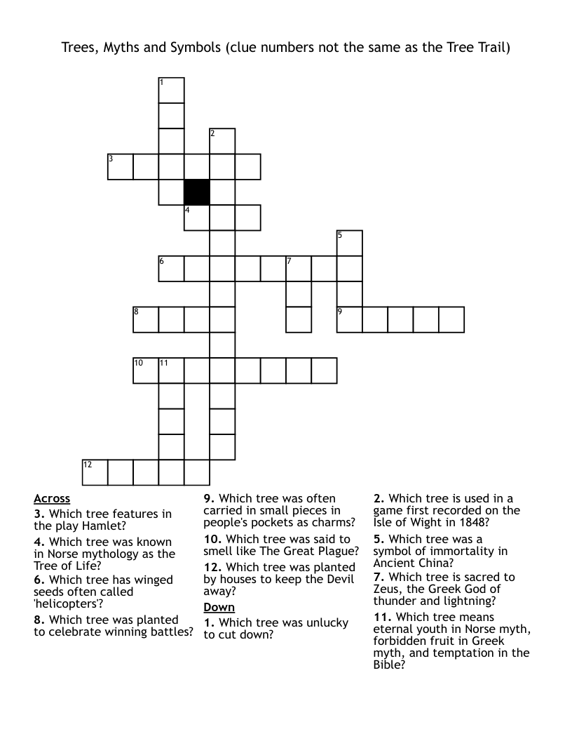 Trees, Myths and Symbols  (clue numbers not the same as the Tree Trail) Crossword