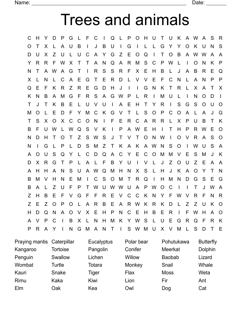 Trees and animals Word Search
