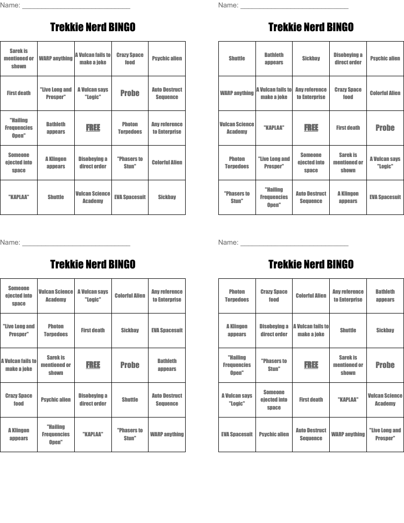 Trekkie Nerd BINGO