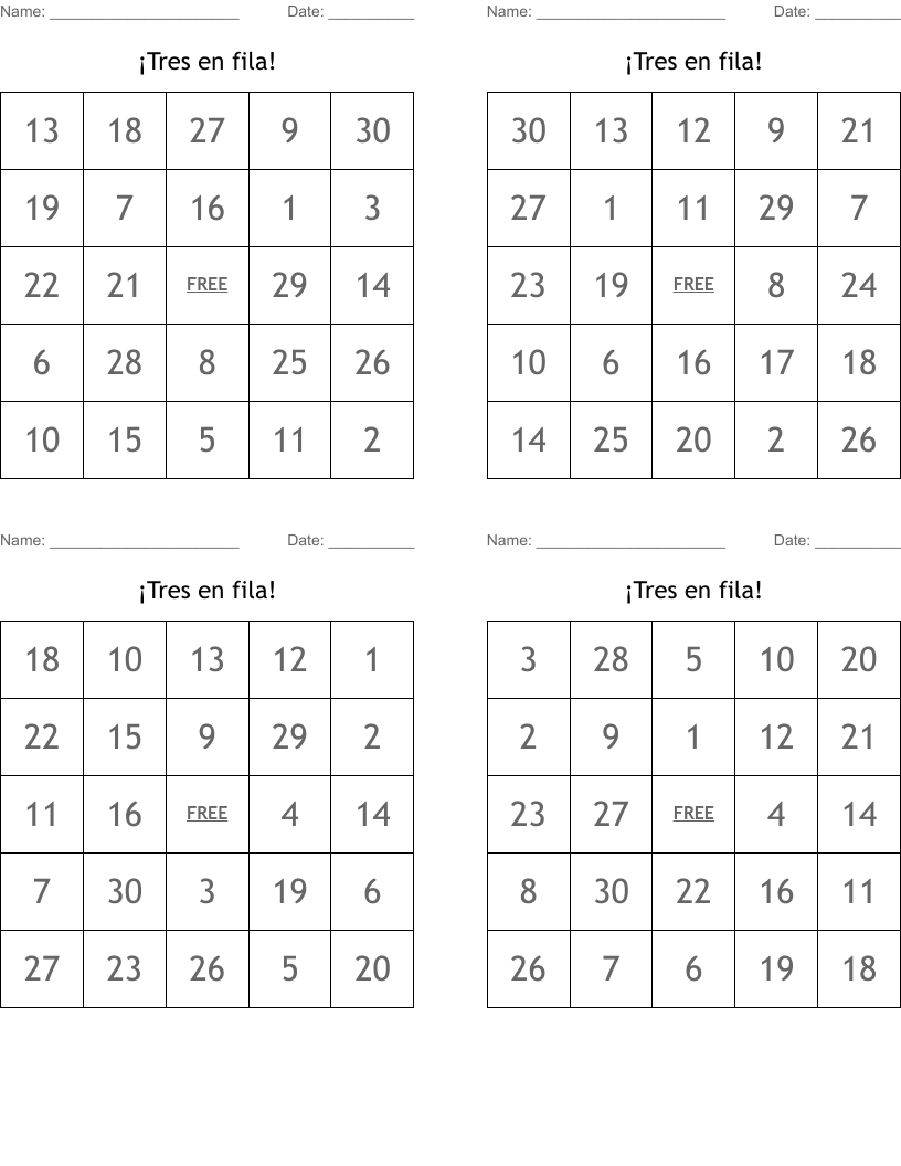 ¡Tres en fila! Bingo Cards