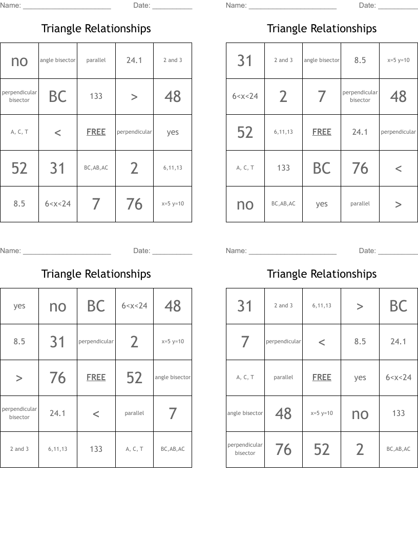 Triangle Relationships Bingo Cards
