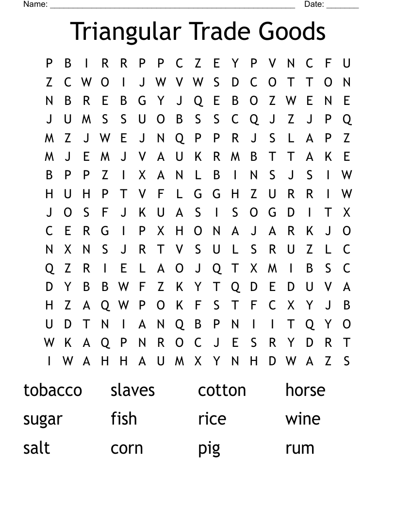 Triangular Trade Goods Word Search