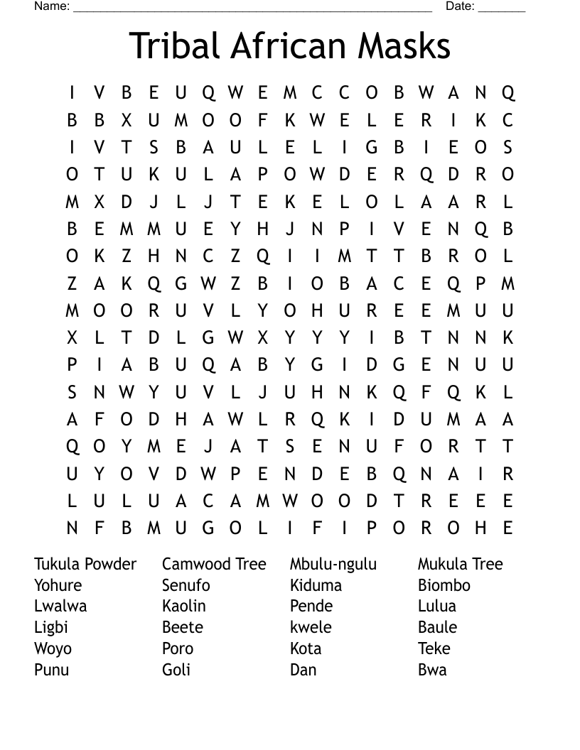 Tribal African Masks Word Search