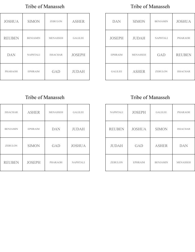 Tribe of Manasseh Bingo Cards