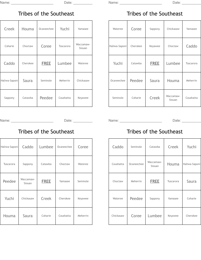 Tribes of the Southeast Bingo Cards