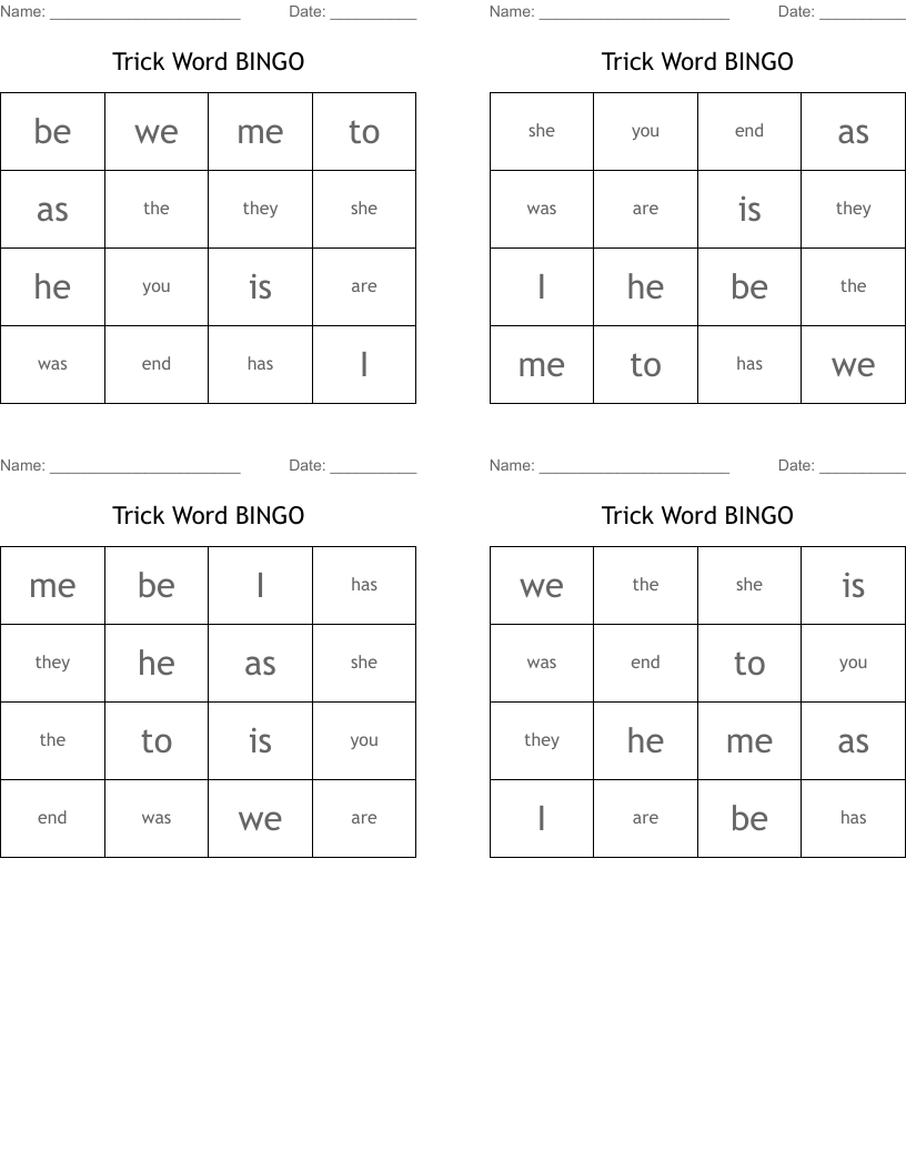 Trick Word BINGO