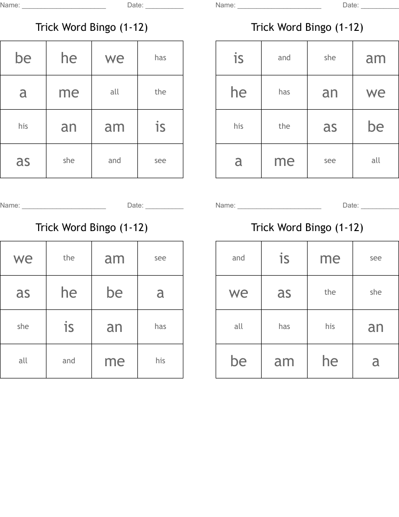 Trick Word Bingo (1-12)