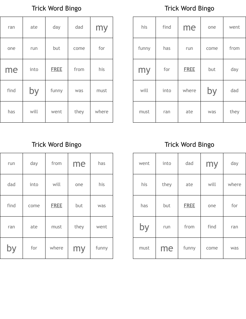 Trick Word Bingo