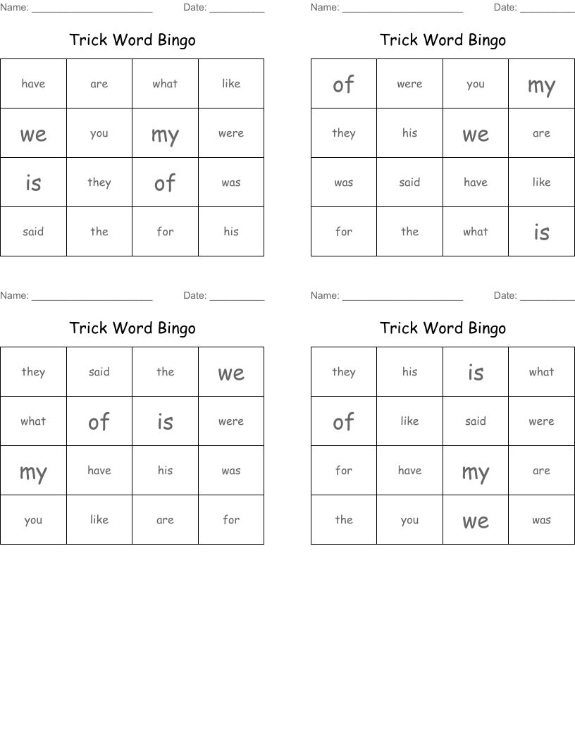 Trick Word Bingo