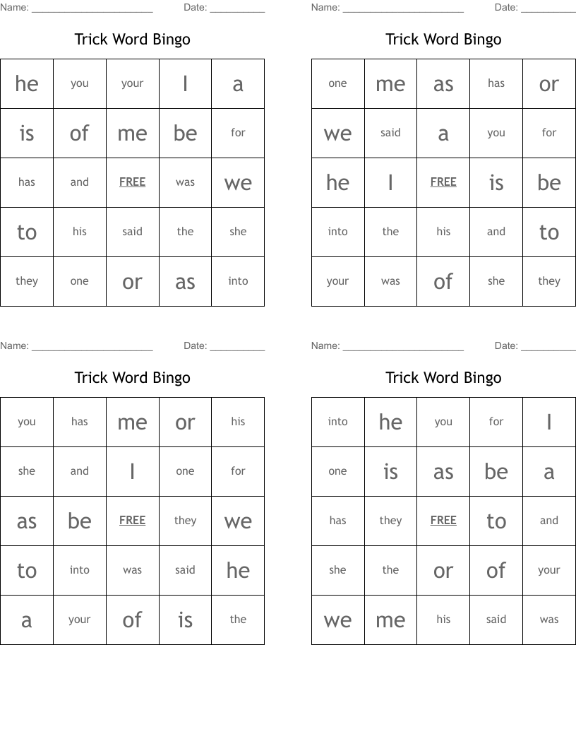 Trick Word Bingo