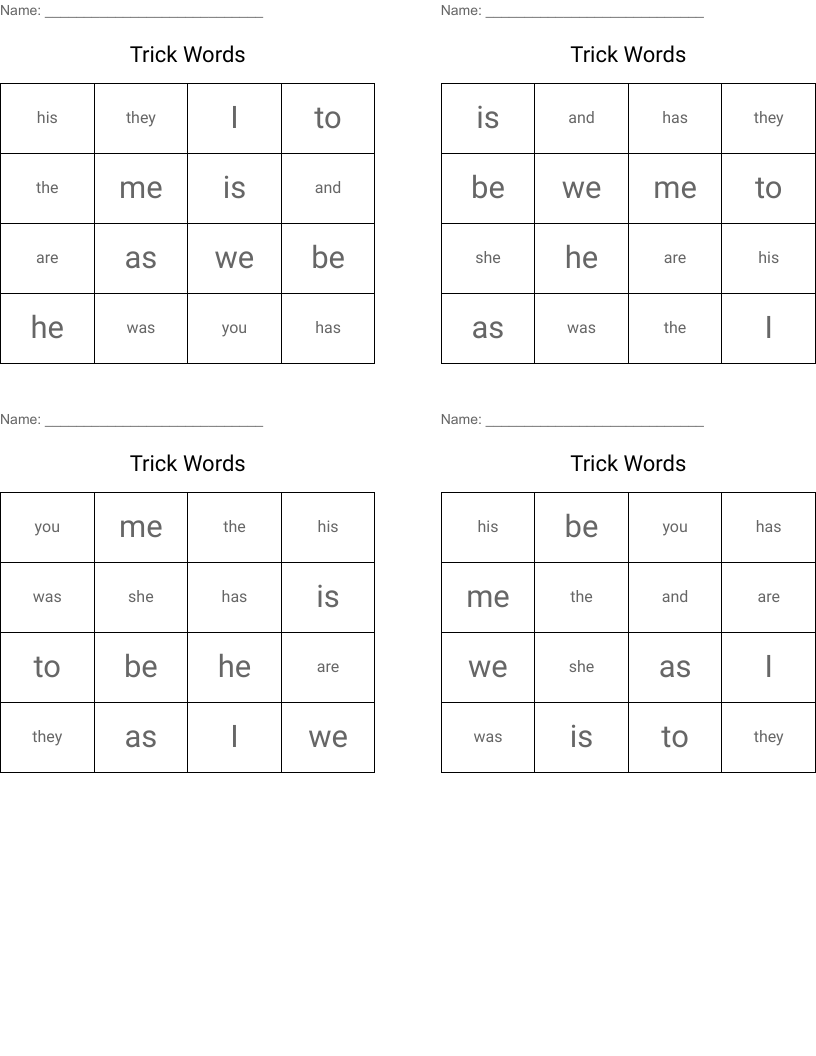 Trick Words Bingo Cards