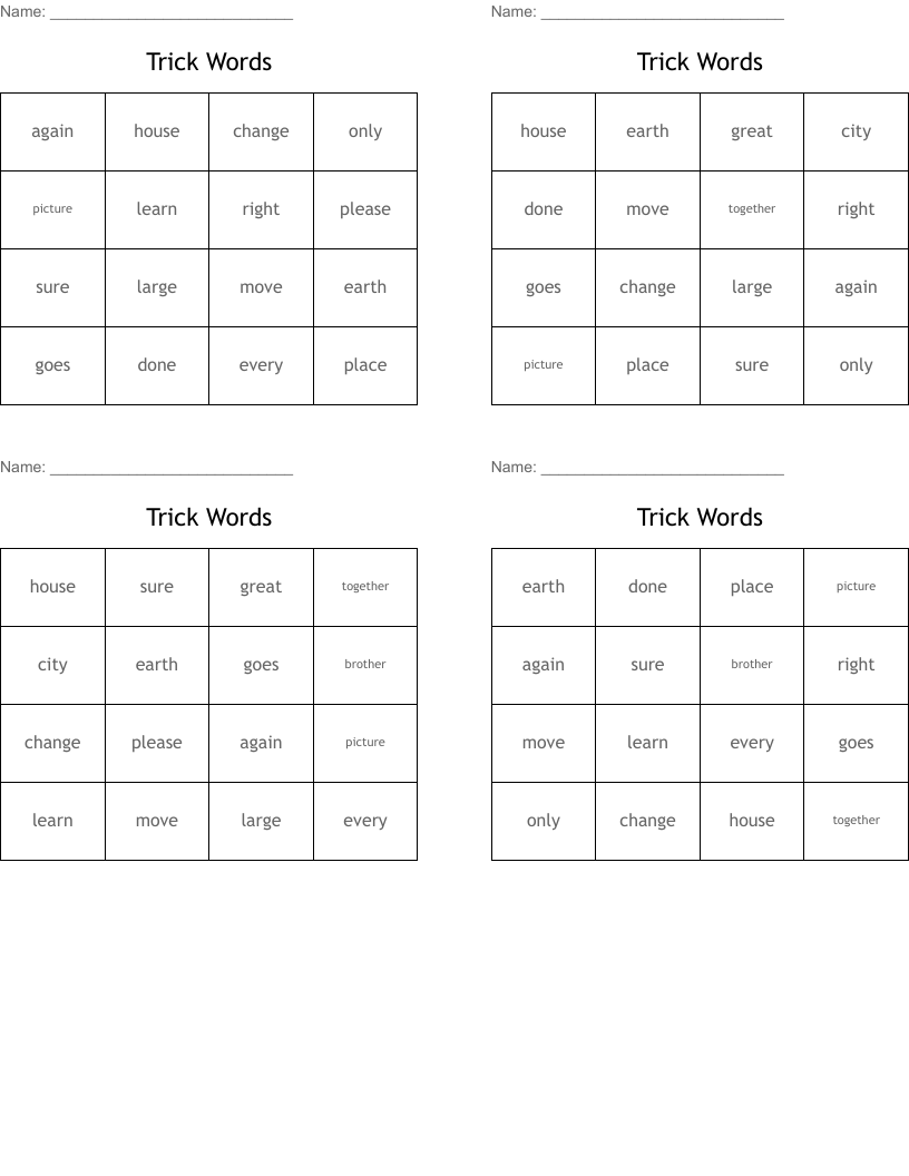 Trick Words Bingo Cards