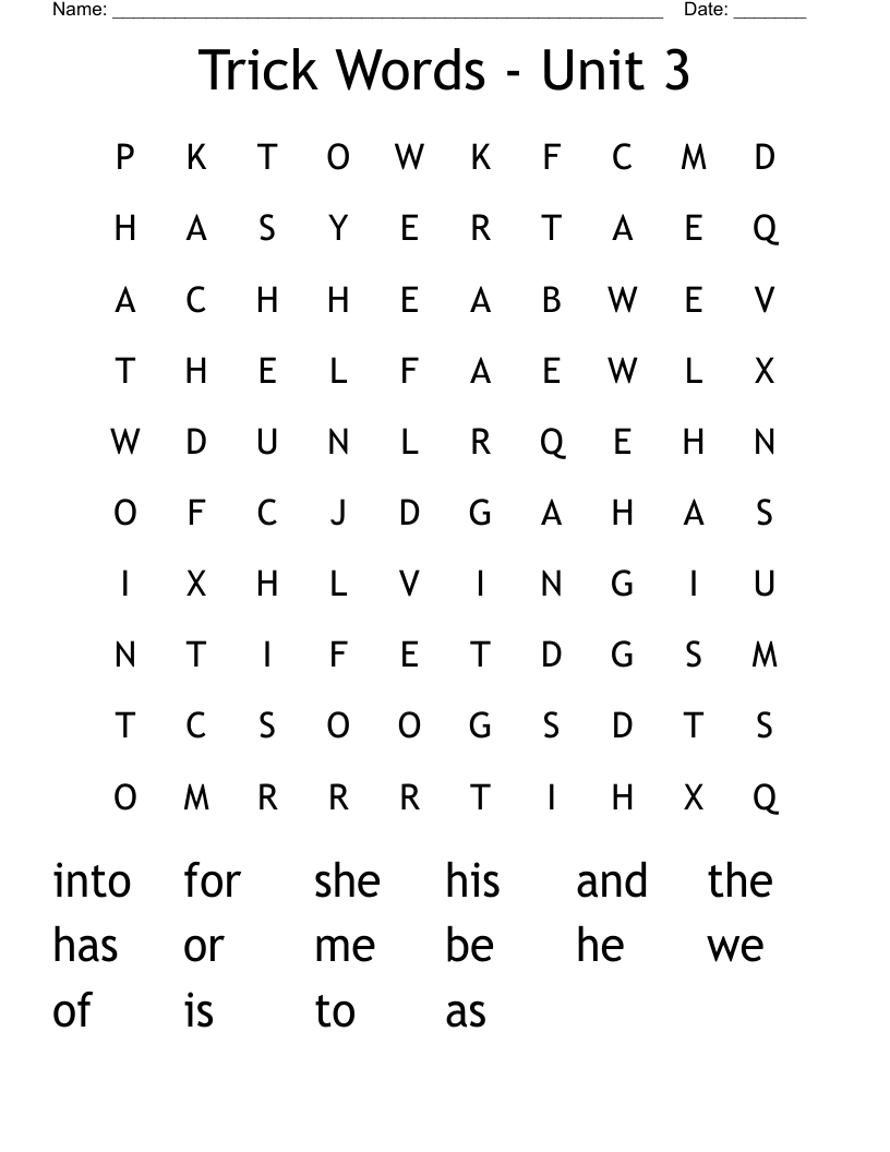 Trick Words - Unit 3 Word Search