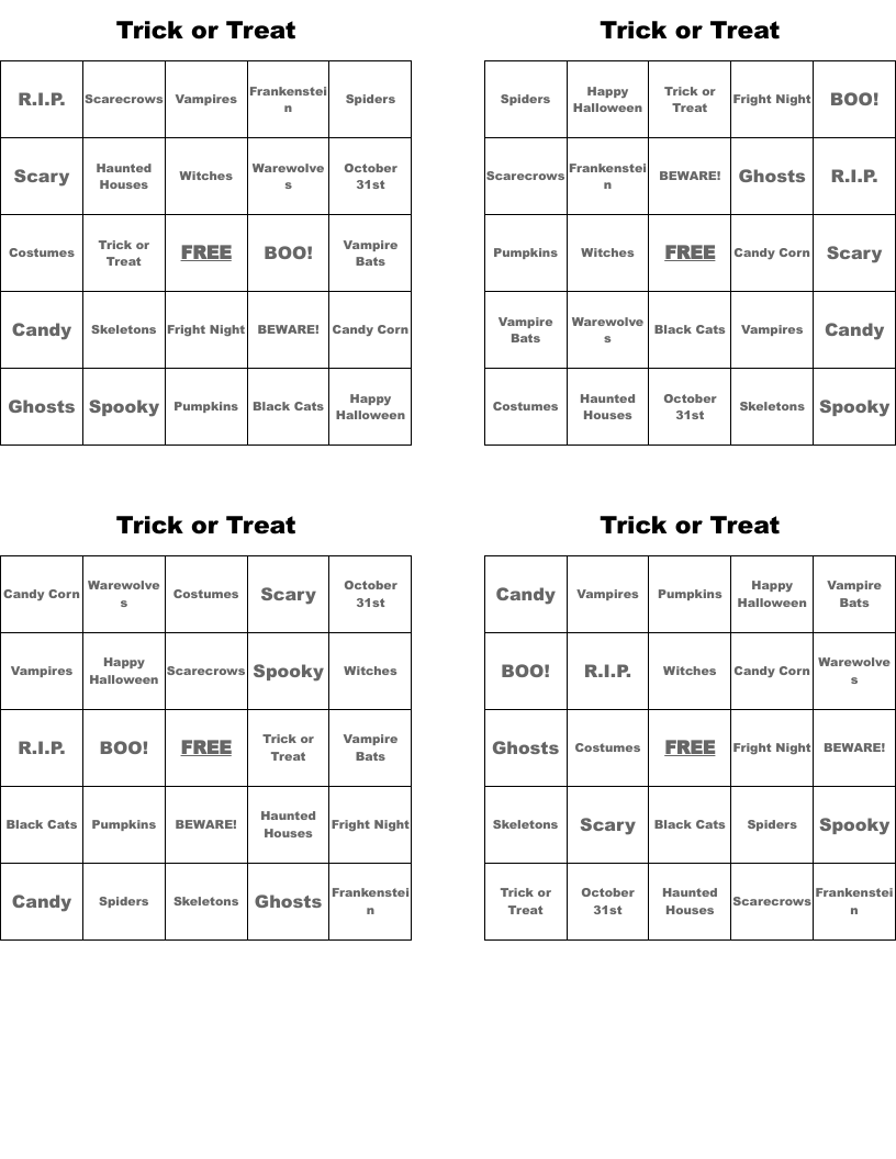 Trick or Treat Bingo Cards