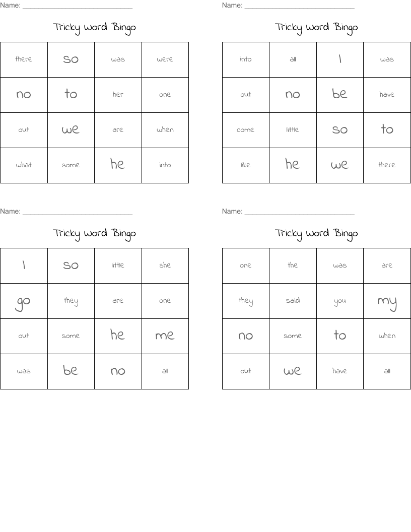 Tricky Word Bingo