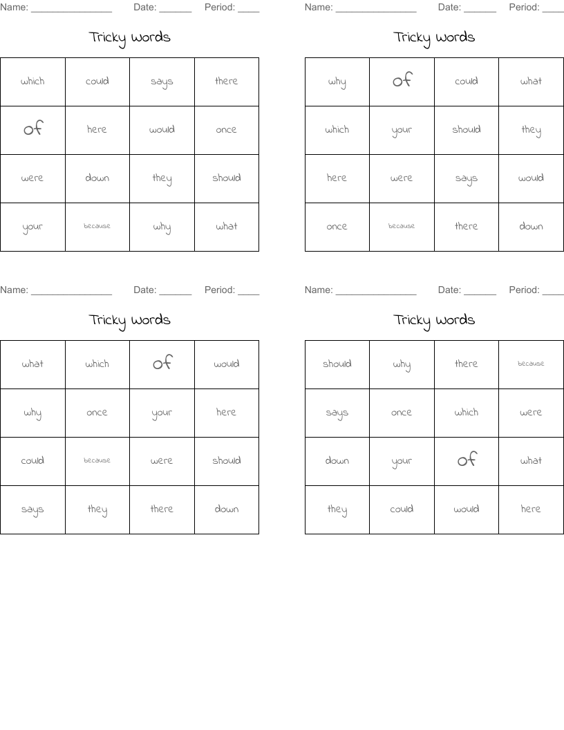 Tricky Words Bingo Cards