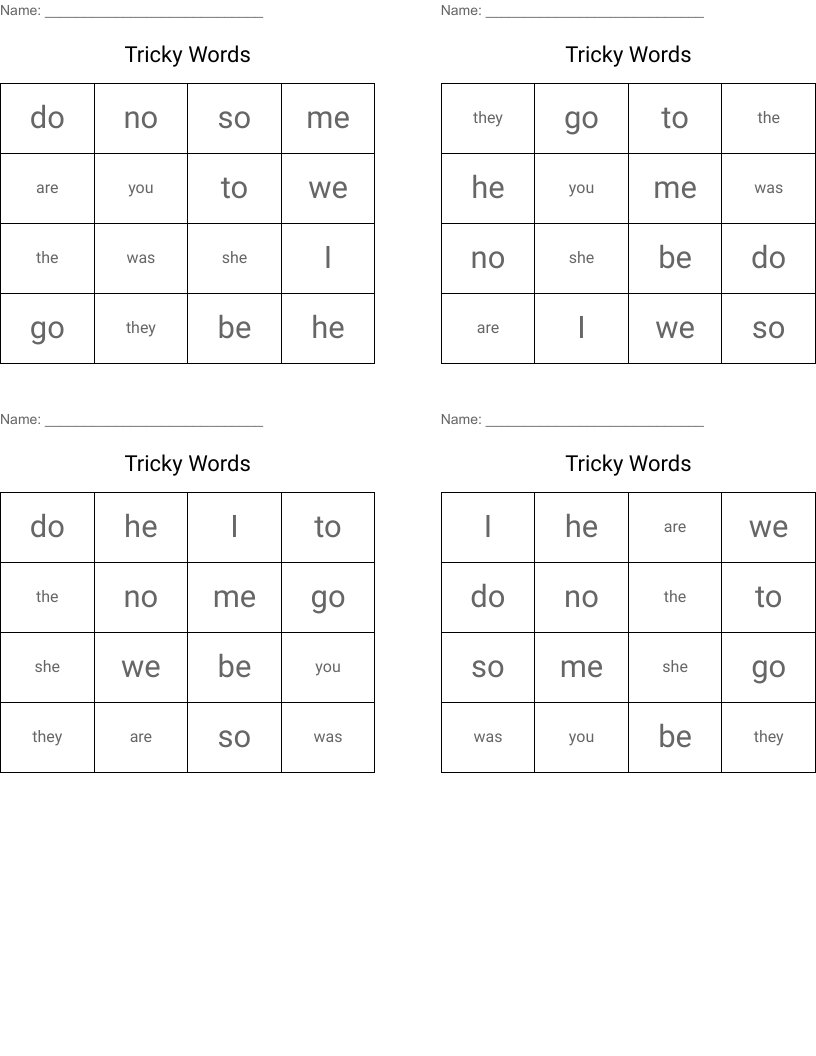 Tricky Words Bingo Cards