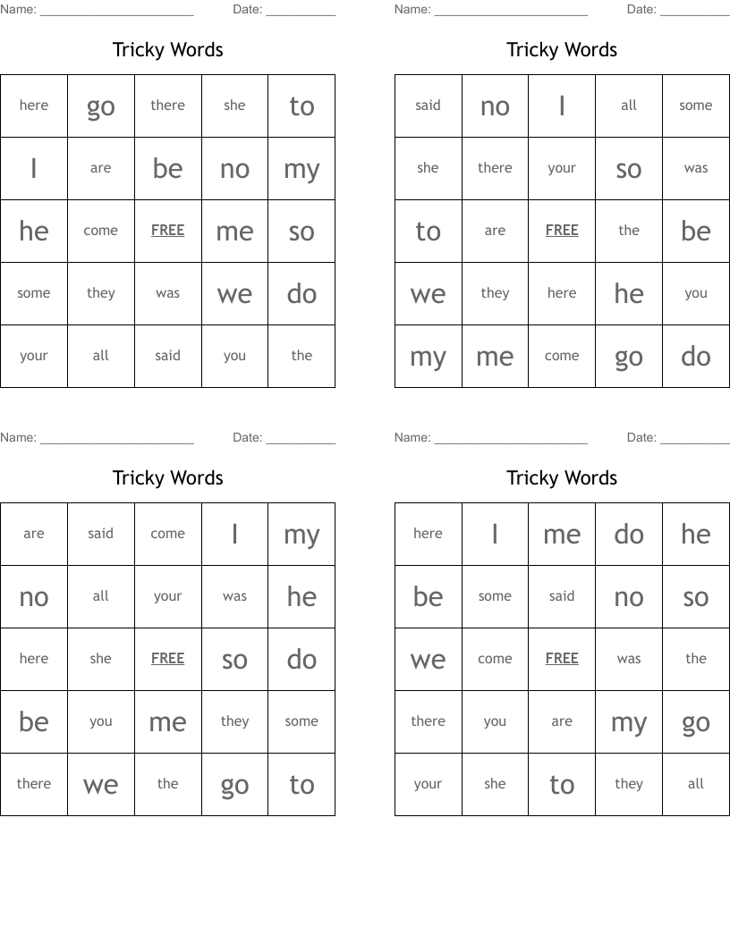 Tricky Words Bingo Cards