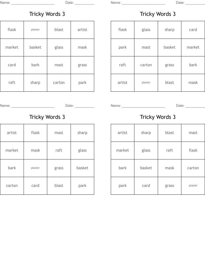 Tricky Words 3 Bingo Cards