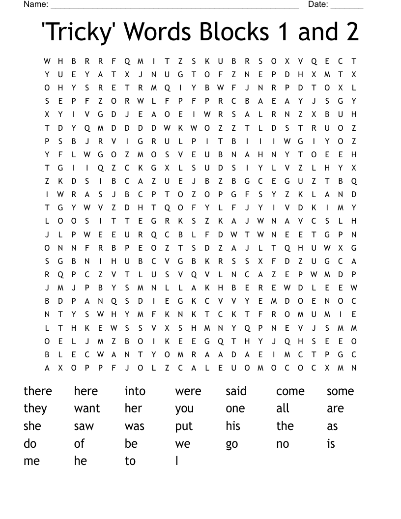 'Tricky' Words Blocks 1 and 2 Word Search