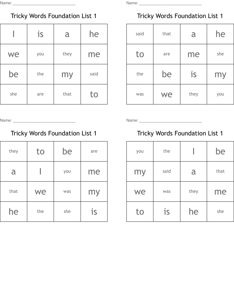 Tricky Words Foundation List 1 Bingo Cards