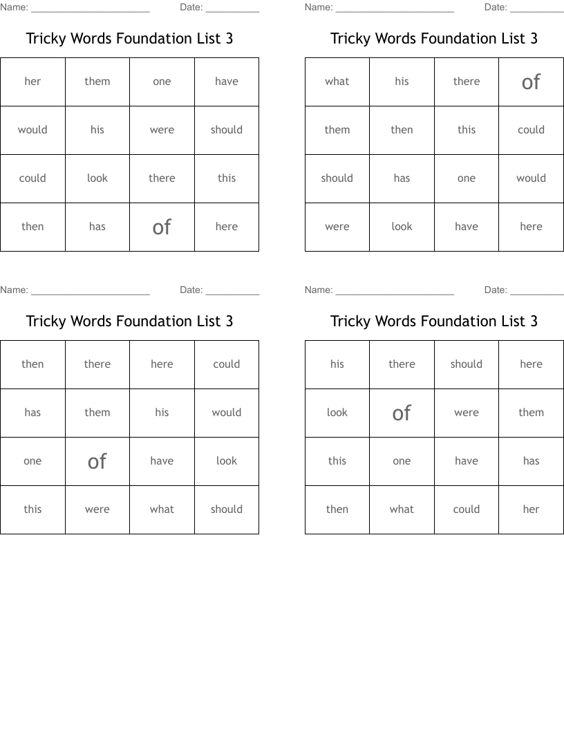 Tricky Words Foundation List 3 Bingo Cards