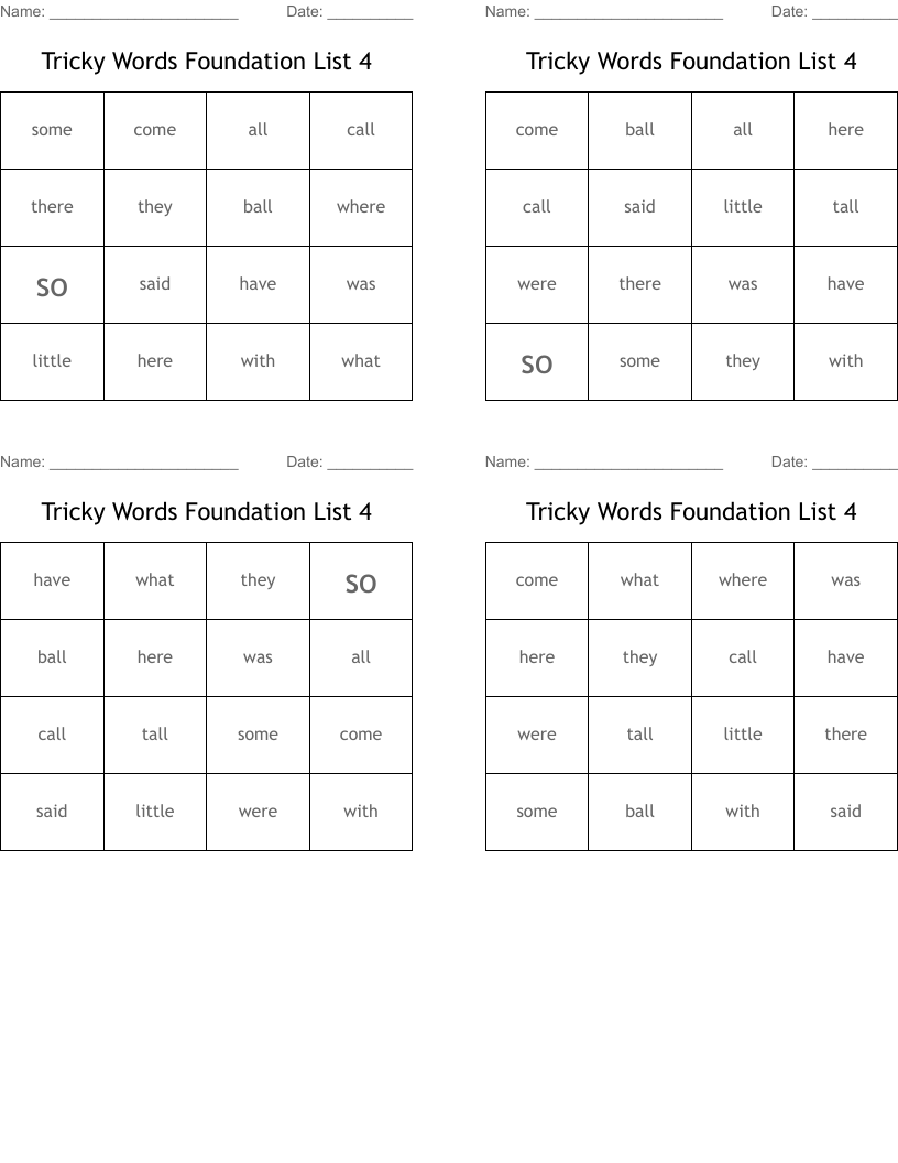 Tricky Words Foundation List 4 Bingo Cards