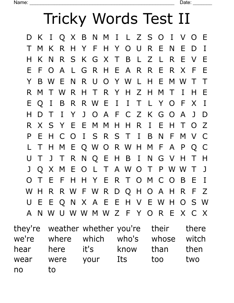 Tricky Words Test II Word Search