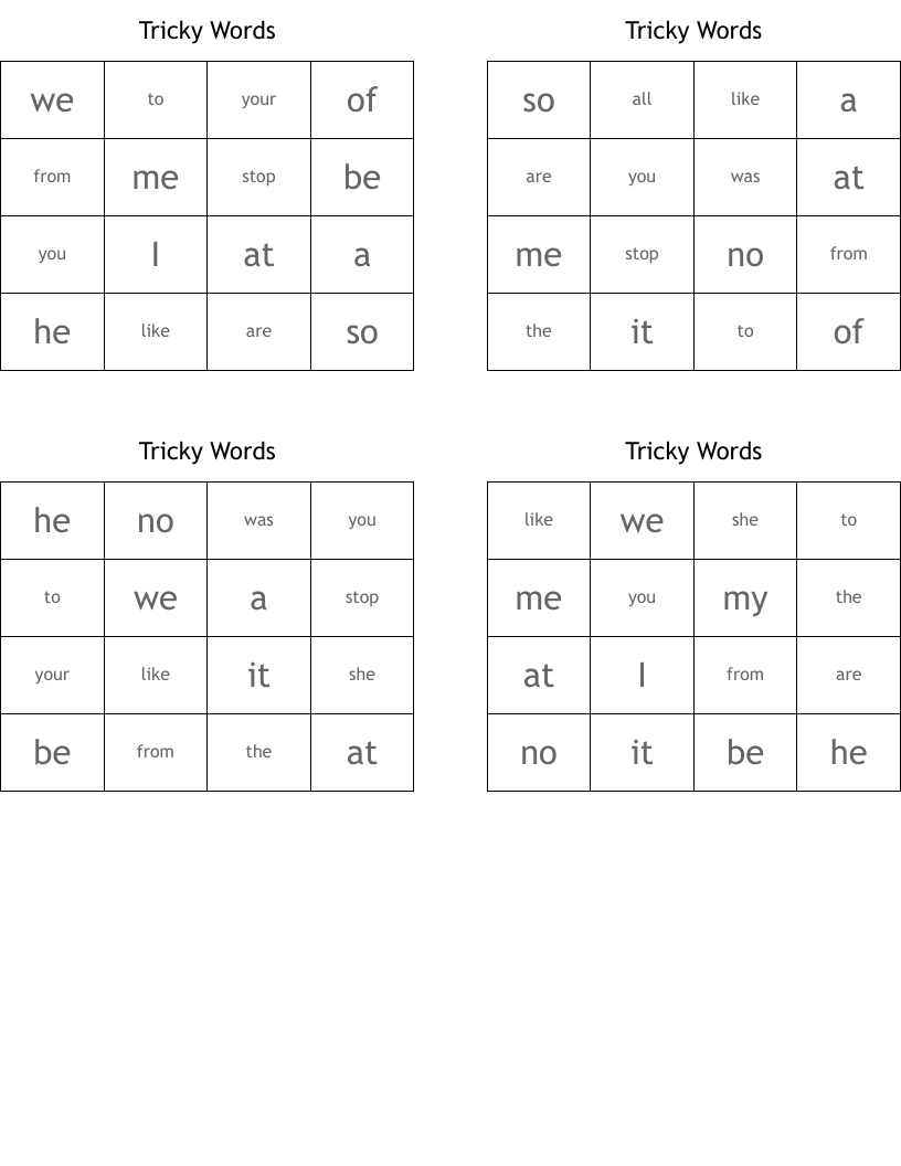 Tricky Words  Bingo Cards